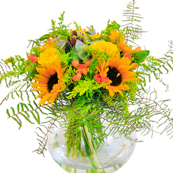 With sunflowers as its vibrant focal point, this lush arrangement channels the sunlit meadows and refined gardens of Wimbledon. Majestic, gold-petaled blooms with dark centres reach confidently skyward, surrounded by sumptuous yellow garden roses that unfurl in plush, timeless spirals. Clusters of scarlet hypericum berries glisten amid a profusion of greenery-a feast for the eyes reminiscent of the dazzling flower displays seen near the All England Club during tournament time. Layered throughout, feathery green ferns add movement and grace, blending with the subtle glow of solidago's tiny golden stars. Cool touches of eucalyptus's bluish foliage peek from between the blooms, giving the bouquet a gentle woodland quality. All are brought together in a clean, rounded glass vase: stems crisscrossing in clear water, each one expertly trimmed and arranged. The scent is light and hopeful, a subtle composition of rose and wild greenery, evoking new beginnings and summer celebrations in Wimbledon's open spaces. Whether as a radiant centrepiece for a family brunch, or a thoughtful gift delivered to a friend near Wimbledon Broadway, this arrangement brims with happiness and artistry, inviting a sense of joy and sophistication into every setting.