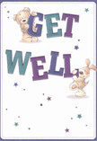 Cheerful and uplifting, this get well card feels right at home amongst the colourful shops near Wimbledon Station. It features two lovable characters: a snuggly teddy bear and a curious puppy, each delighting in balancing the bold, joyous letters that declare 'Get Well.' Indigo and teal hues energise the playful typography, letting it stand confidently against the creamy, clean backdrop. Stars in shades of blue and purple sparkle across the scene, conjuring up a whimsical, hopeful mood as delightful as a freshly arranged bouquet in a local Wimbledon florist's hands. The artists have infused the illustration with texture-the bear's fur appears extra plush, the puppy's ears impossibly soft-inviting the eye and imagination to linger. Emotional warmth pours from their expressions, echoing the comfort of sending flowers to brighten a friend's day in Wimbledon Village. Together, the card and its gentle message are a balm for anyone in recovery, turning a simple gesture into a celebration of kindness and care.